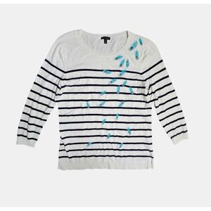Talbots Embroidered Feathers Striped Sweater Peacock Womens S Cotton Rayon